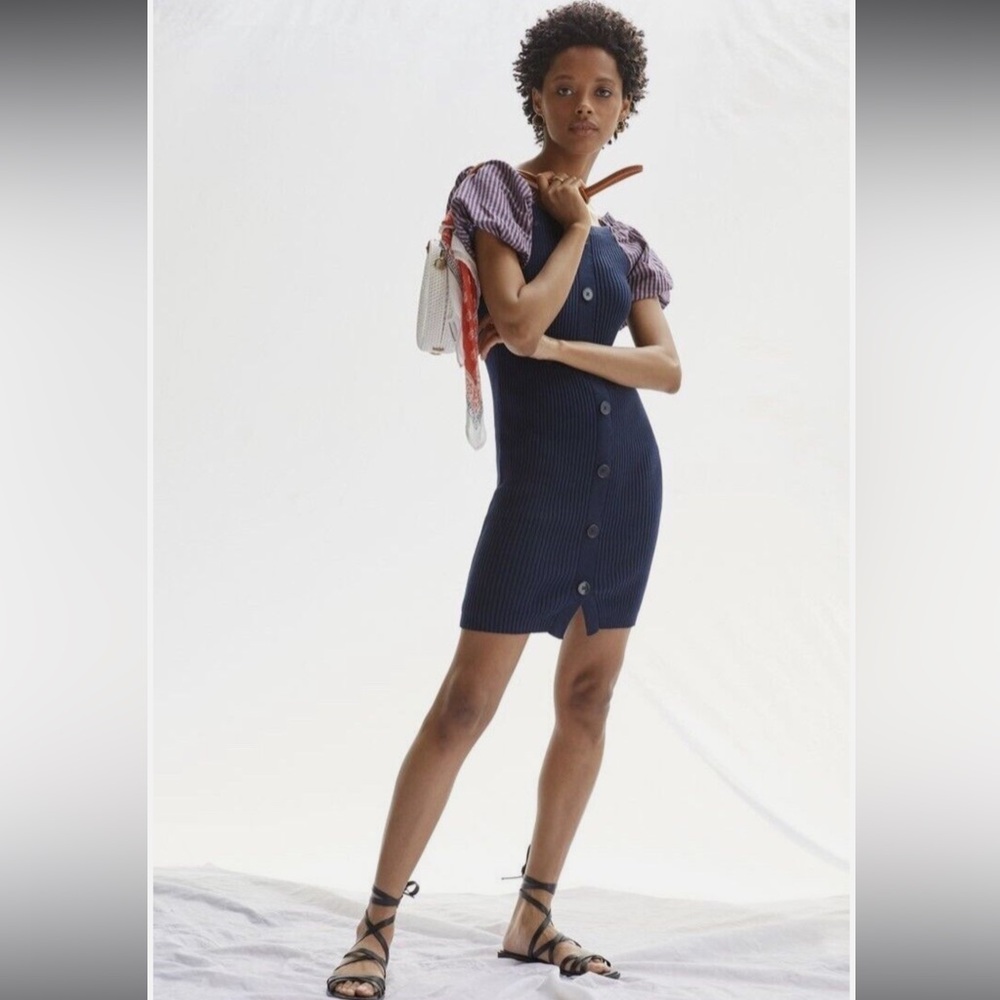 ANTHROPOLOGIE Maeve navy blue ribbed knit puff sleeve mini dress